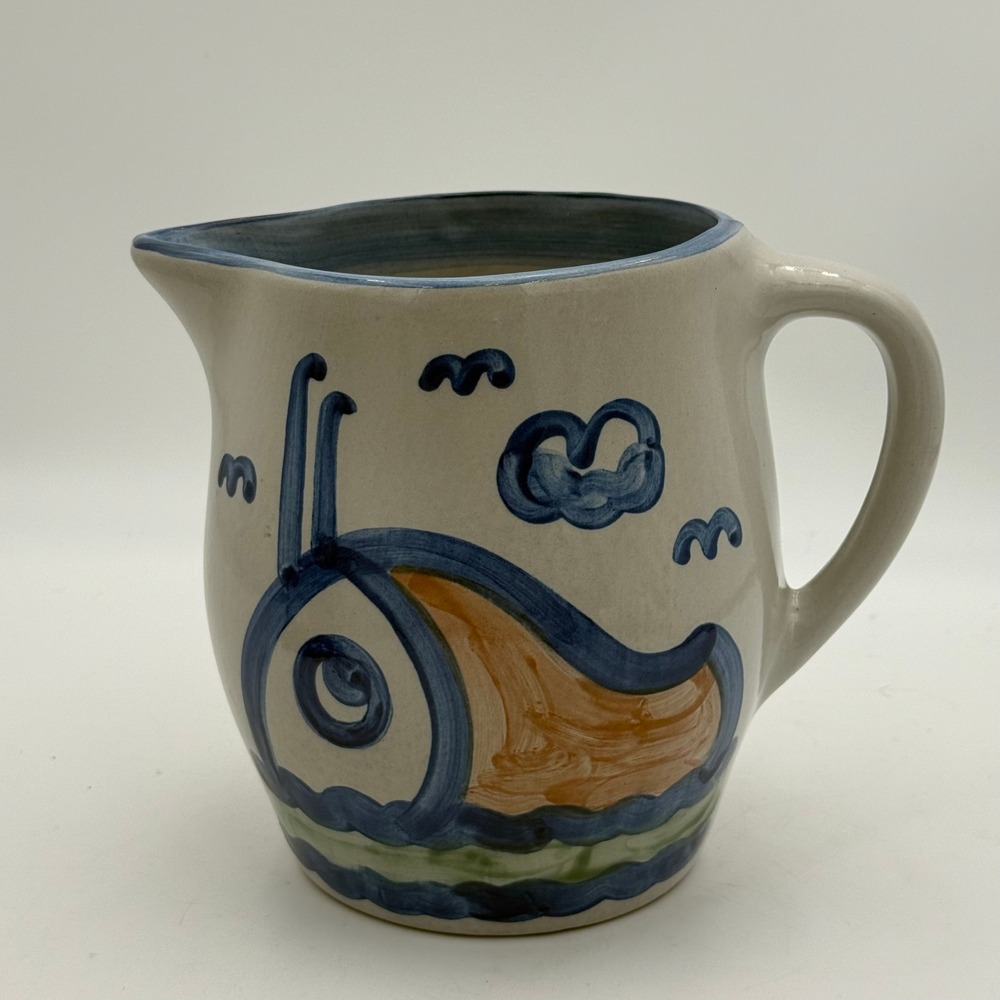 MA Hadley Whale Pitcher Low Tide Stoneware Blue Orange Nautical Hand Painted 6in